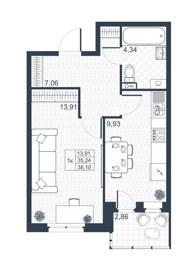 1-комн. квартира, 35 м², в ЖК «Ново-Антропшино»