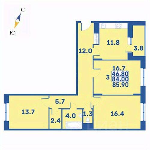 3-комн. квартира, 85,9 м², в ЖК «Эдельвейс» (ЦентрСтрой)