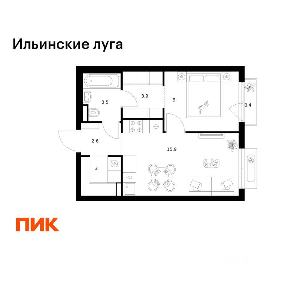1-комн. квартира, 38,3 м², в ЖК «Ильинские луга»