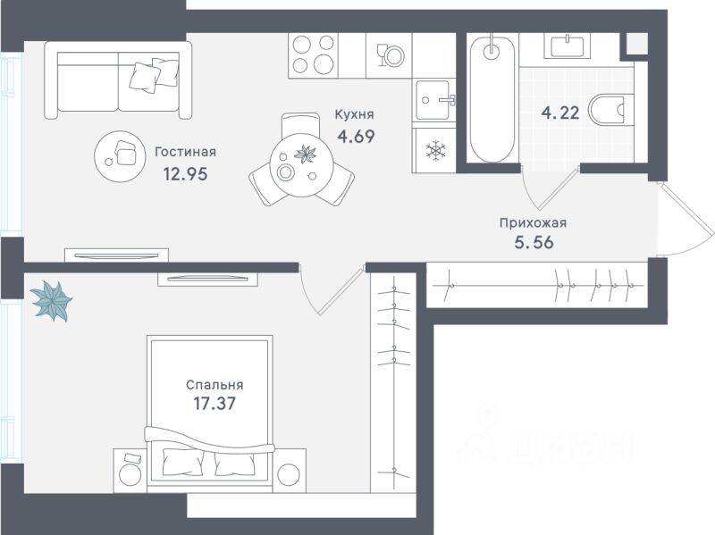 1-комн. квартира, 44,79 м², в ЖК «Солос»
