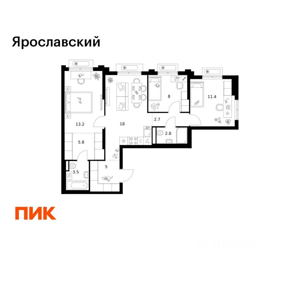 3-комн. квартира, 70,4 м², в ЖК «Ярославский»