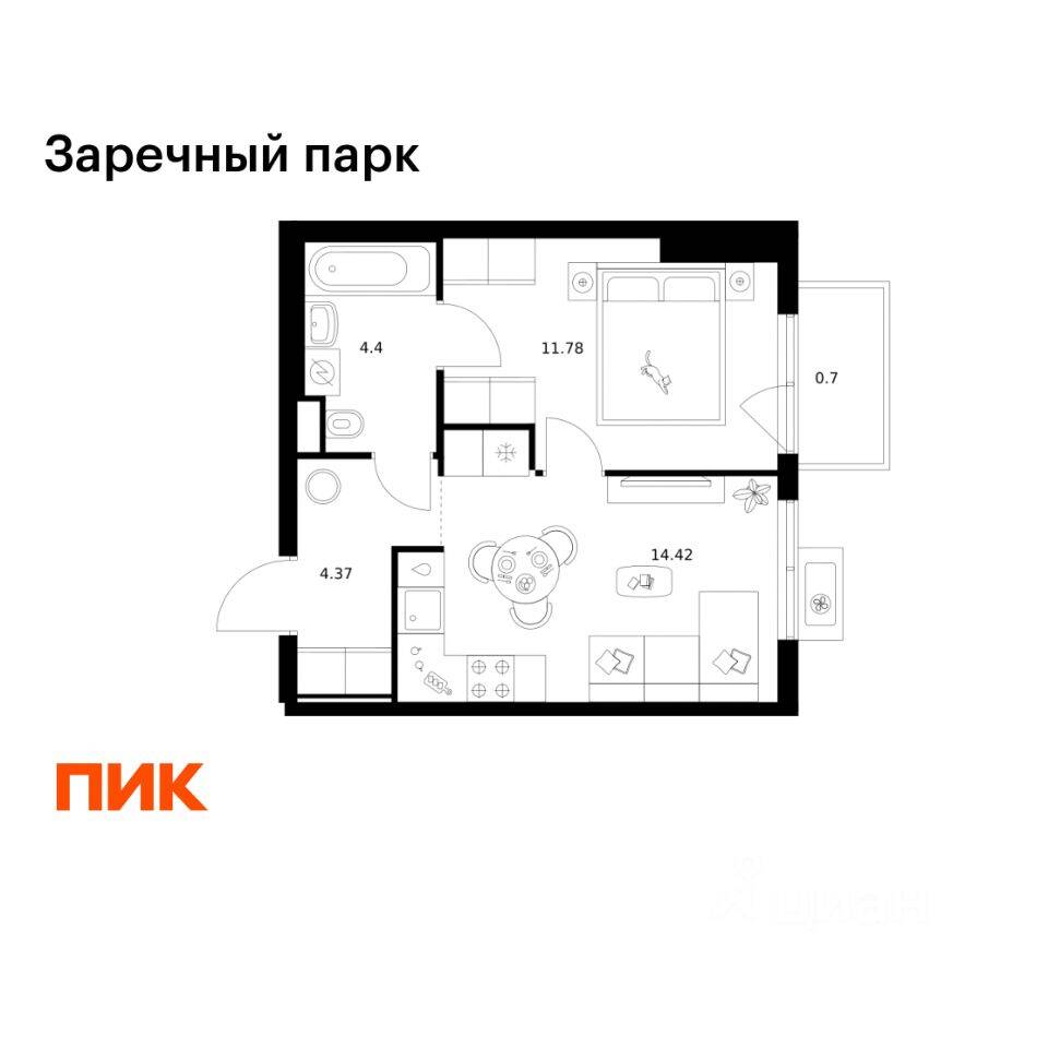 1-комн. квартира, 35,67 м², в ЖК Заречный парк