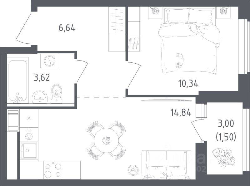 1-комн. квартира, 36,94 м², в ЖК Южная Нева