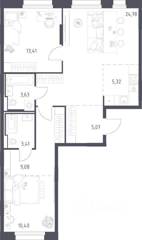 2-комн. квартира, 75,1 м², в ЖК Заречье Парк
