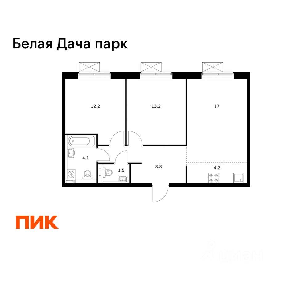 3-комн. квартира, 61 м², в ЖК «Белая Дача парк»