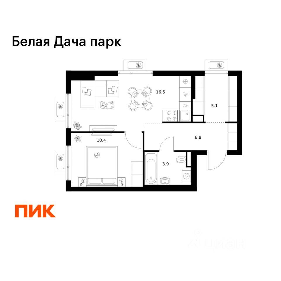 1-комн. квартира, 42,7 м², в ЖК «Белая Дача парк»