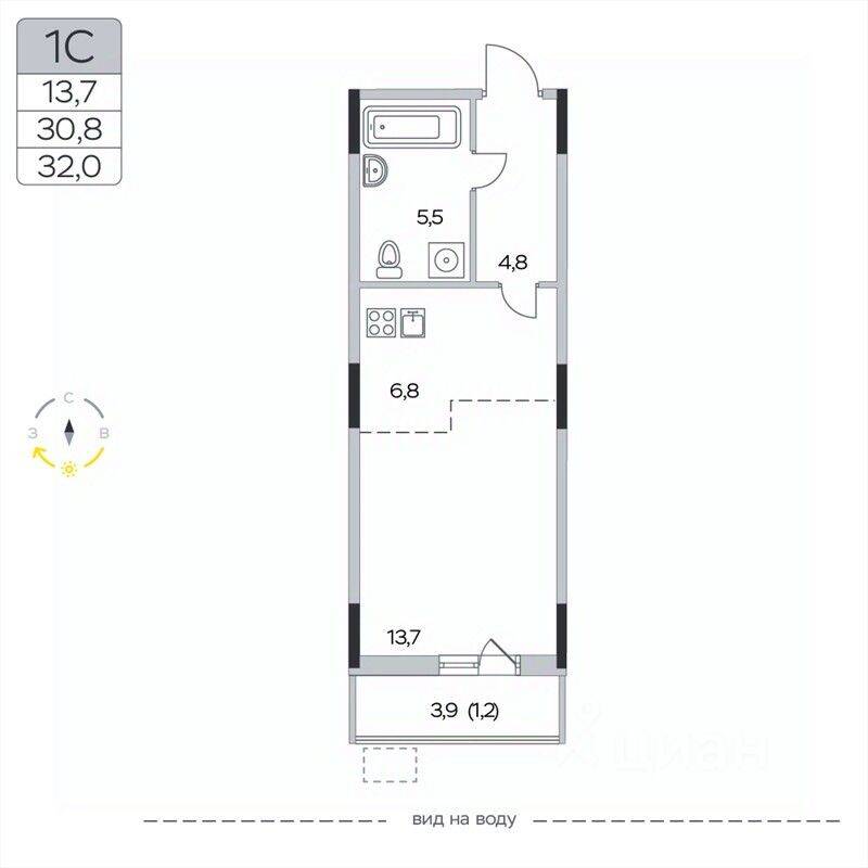 Квартира-студия, 32 м², в ЖК «Пироговская Ривьера»