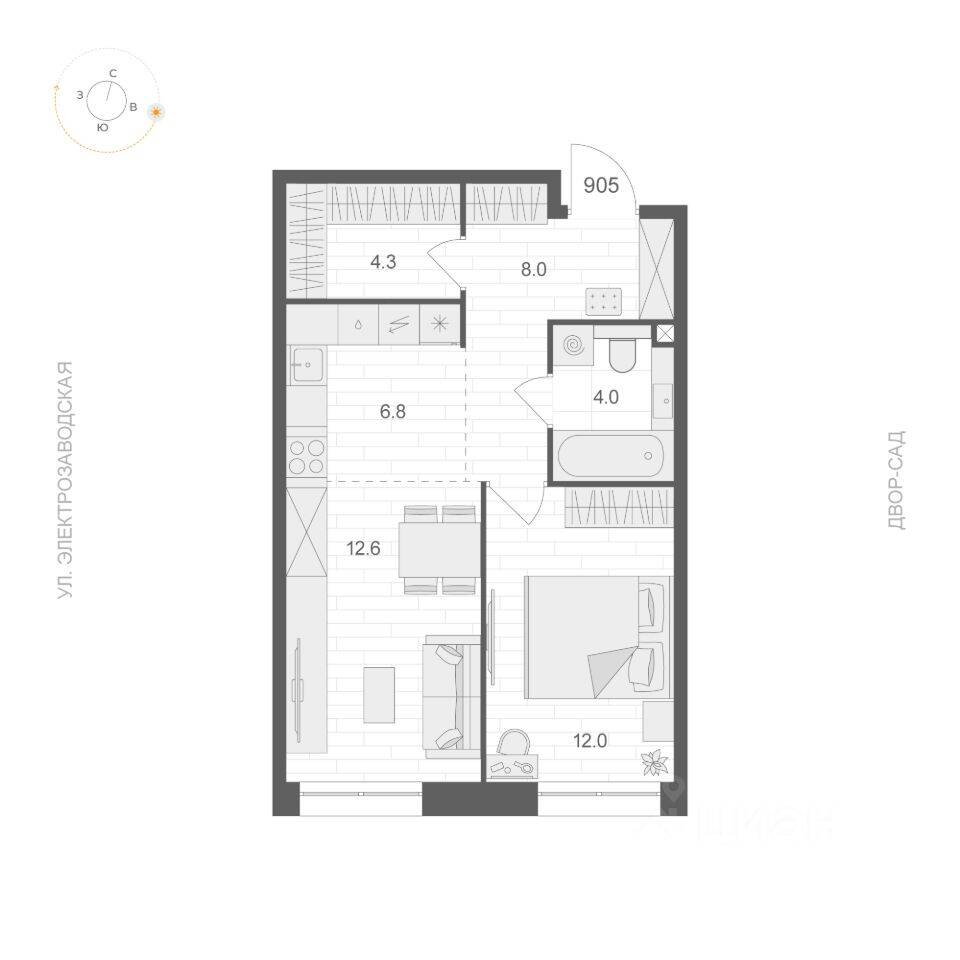 Планировка 1 комнатной квартиры, 47.7 м², в «ARTEL»