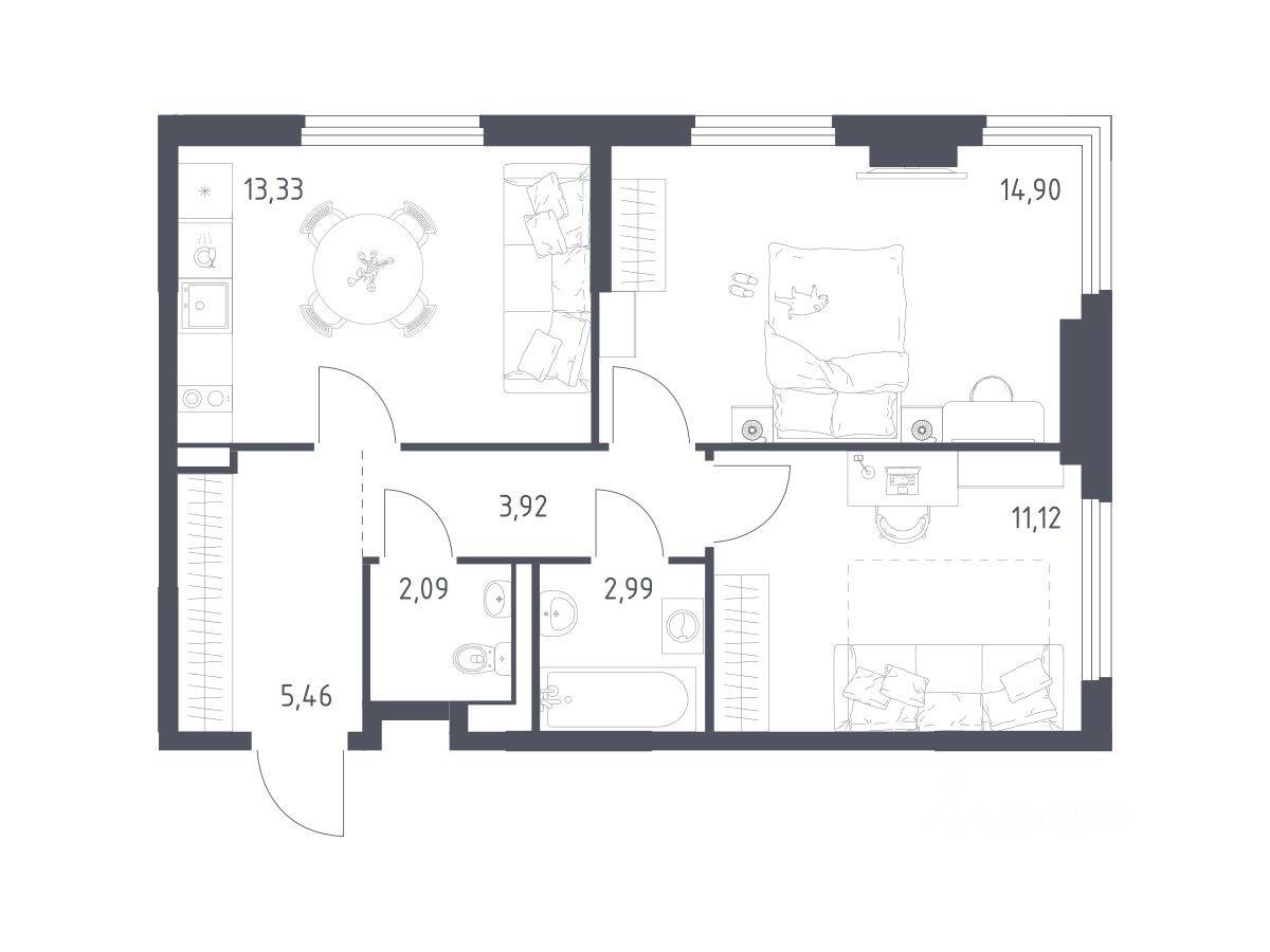 2-комн. квартира, 53,81 м², в ЖК «Пригород Лесное»