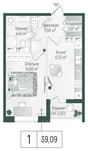 1-комн. квартира, 40,5 м², в ЖК Riga Hills
