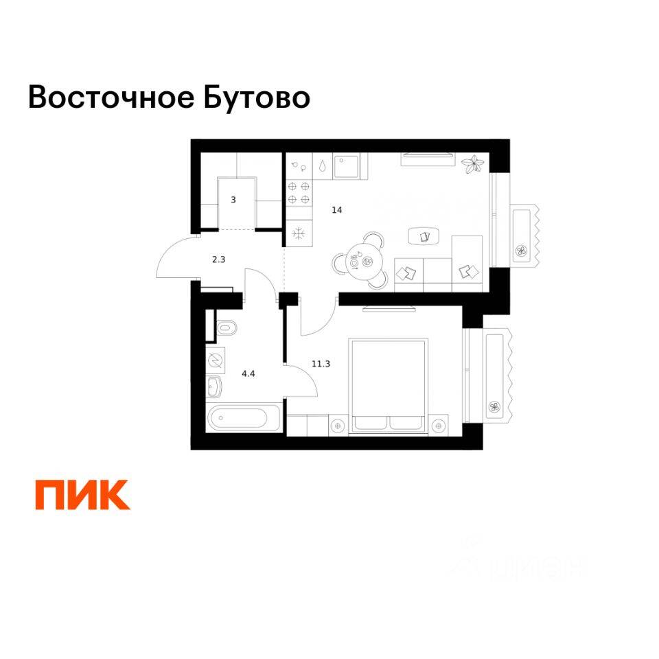 1-комн. квартира, 35 м², в ЖК «Восточное Бутово»