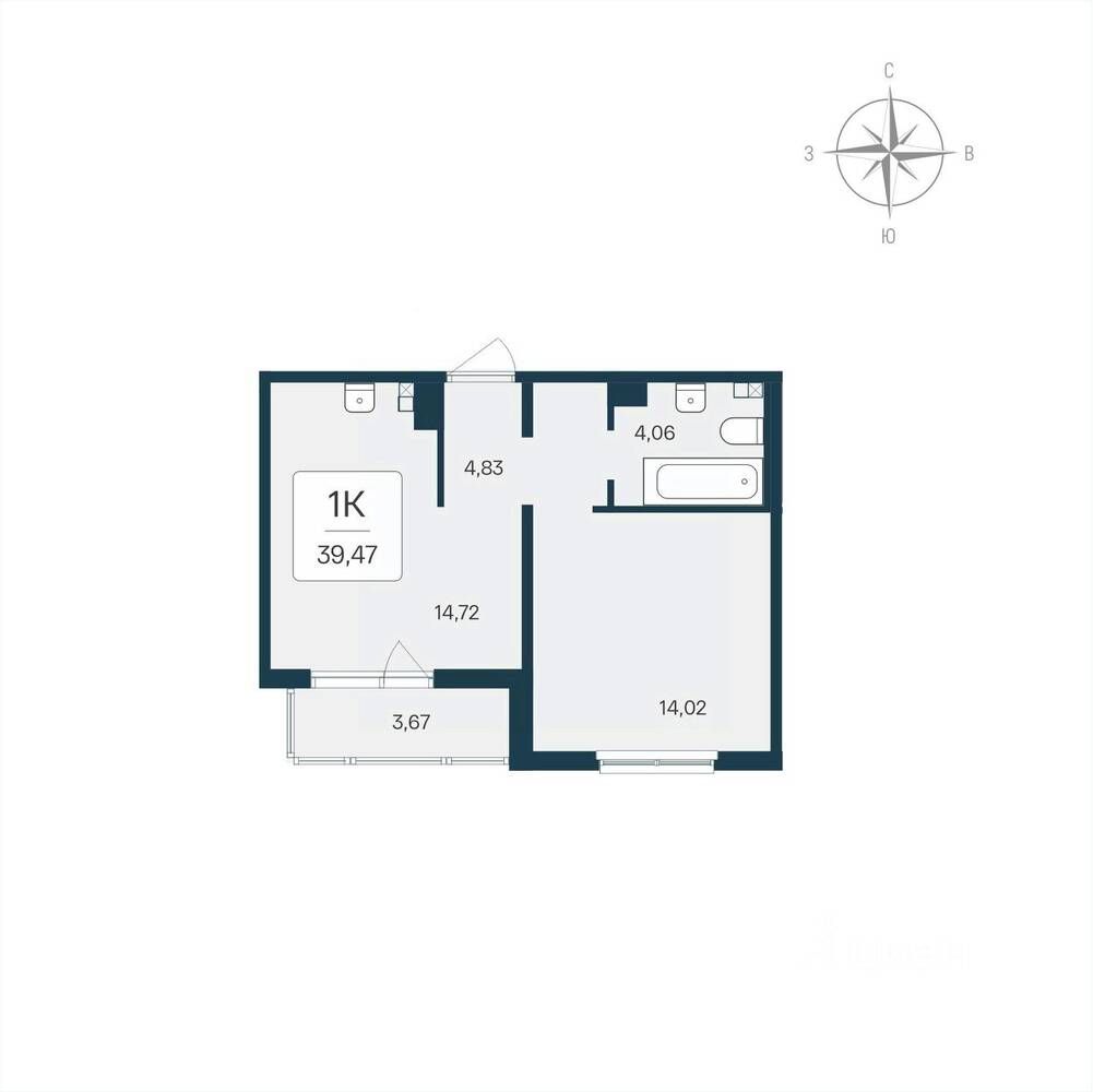 Планировка 1 комнатной квартиры, 39.47 м², в «Расцветай в Янино»