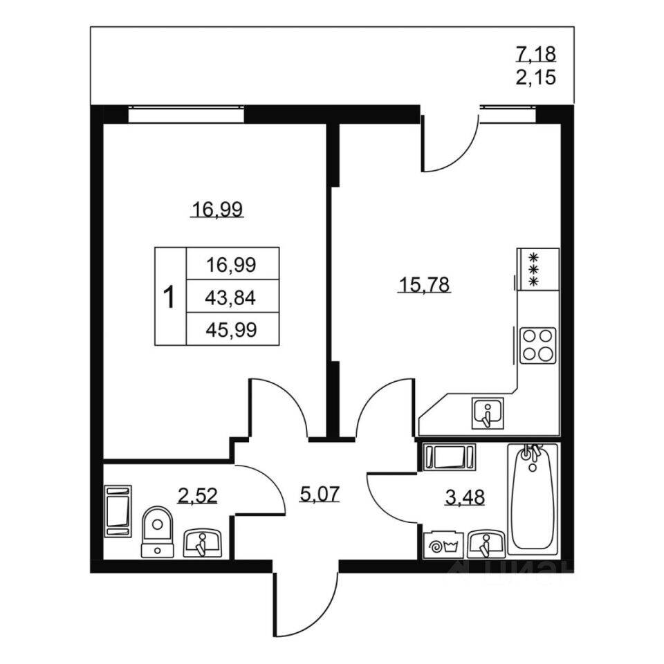 1-комн. квартира, 45,99 м², в ЖК Перспектива
