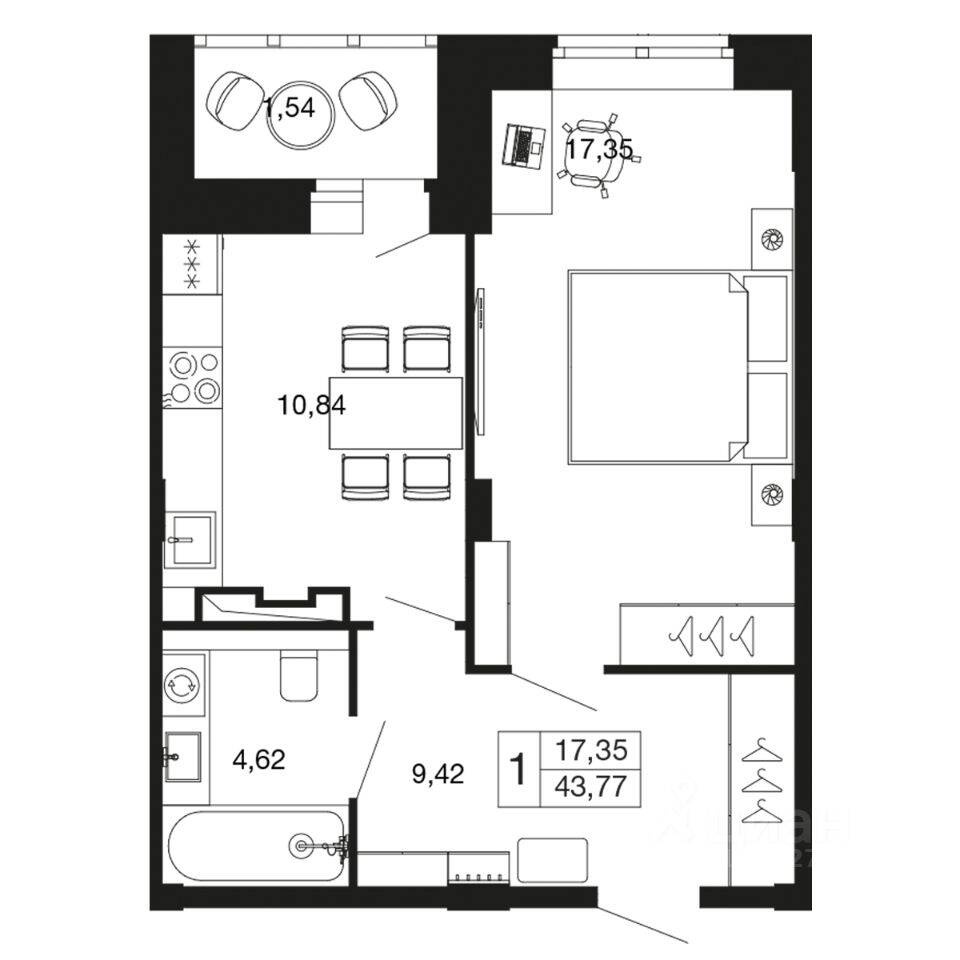 1-комн. квартира, 43,7 м², в ЖК «Времена года»