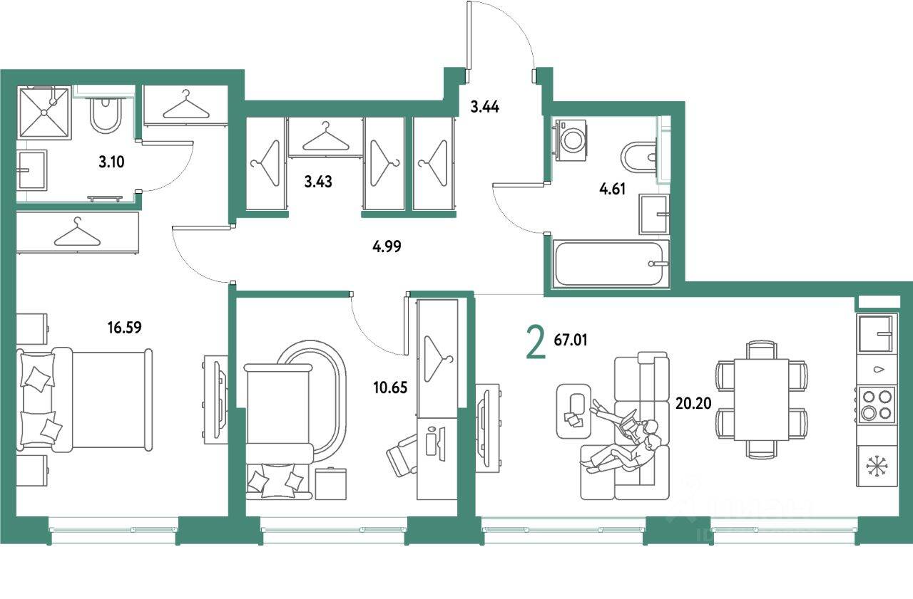 2-комн. квартира, 67,01 м², в ЖК Страна.Парковая