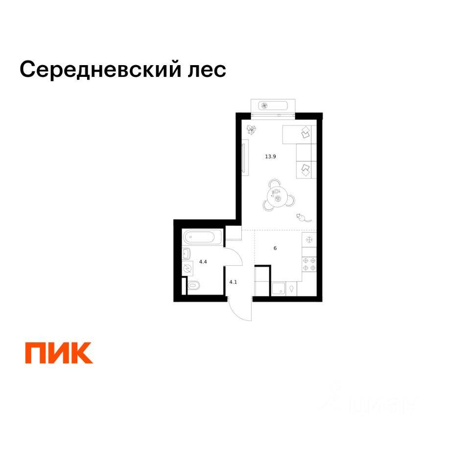 Планировка 1 комнатной квартиры, 28.4 м², в «Середневский лес»