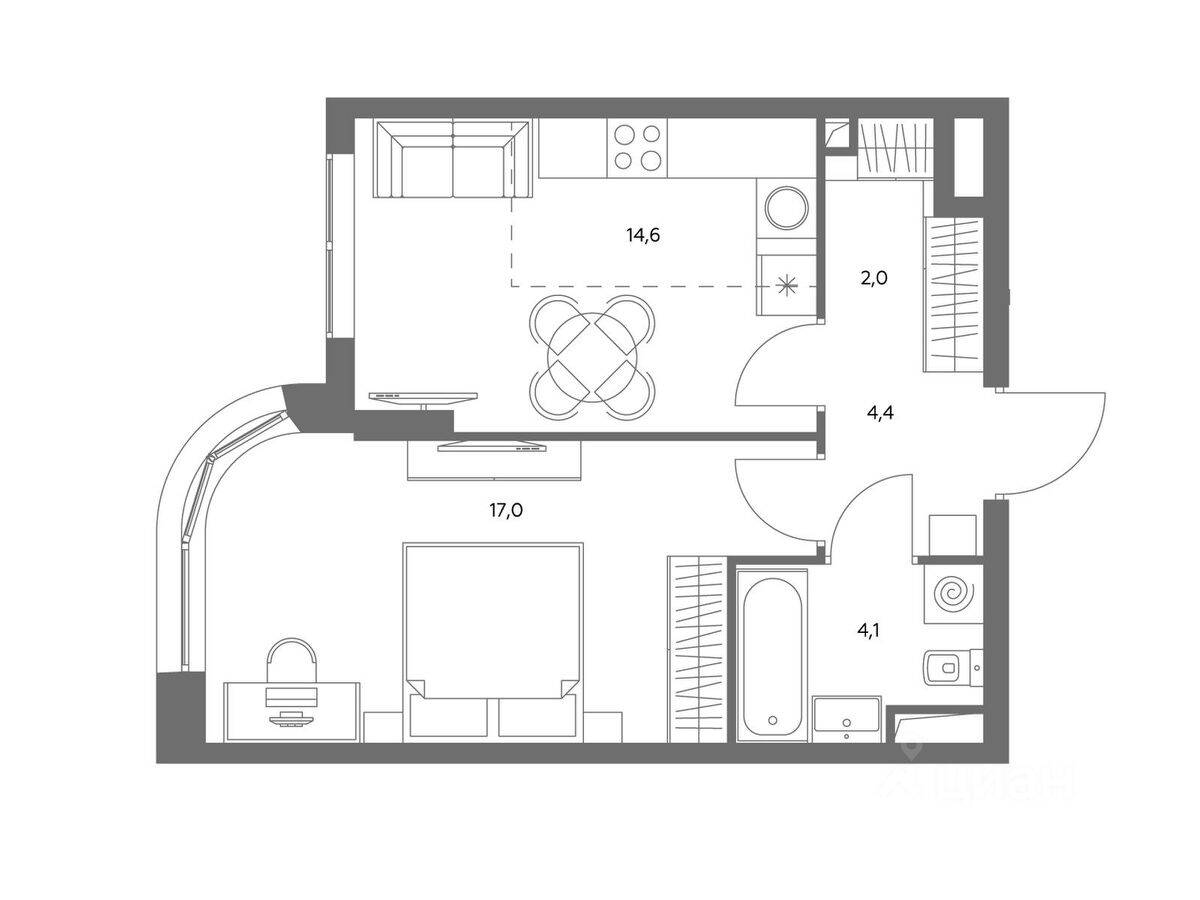 2-комн. квартира, 42,4 м², в ЖК Адмирал