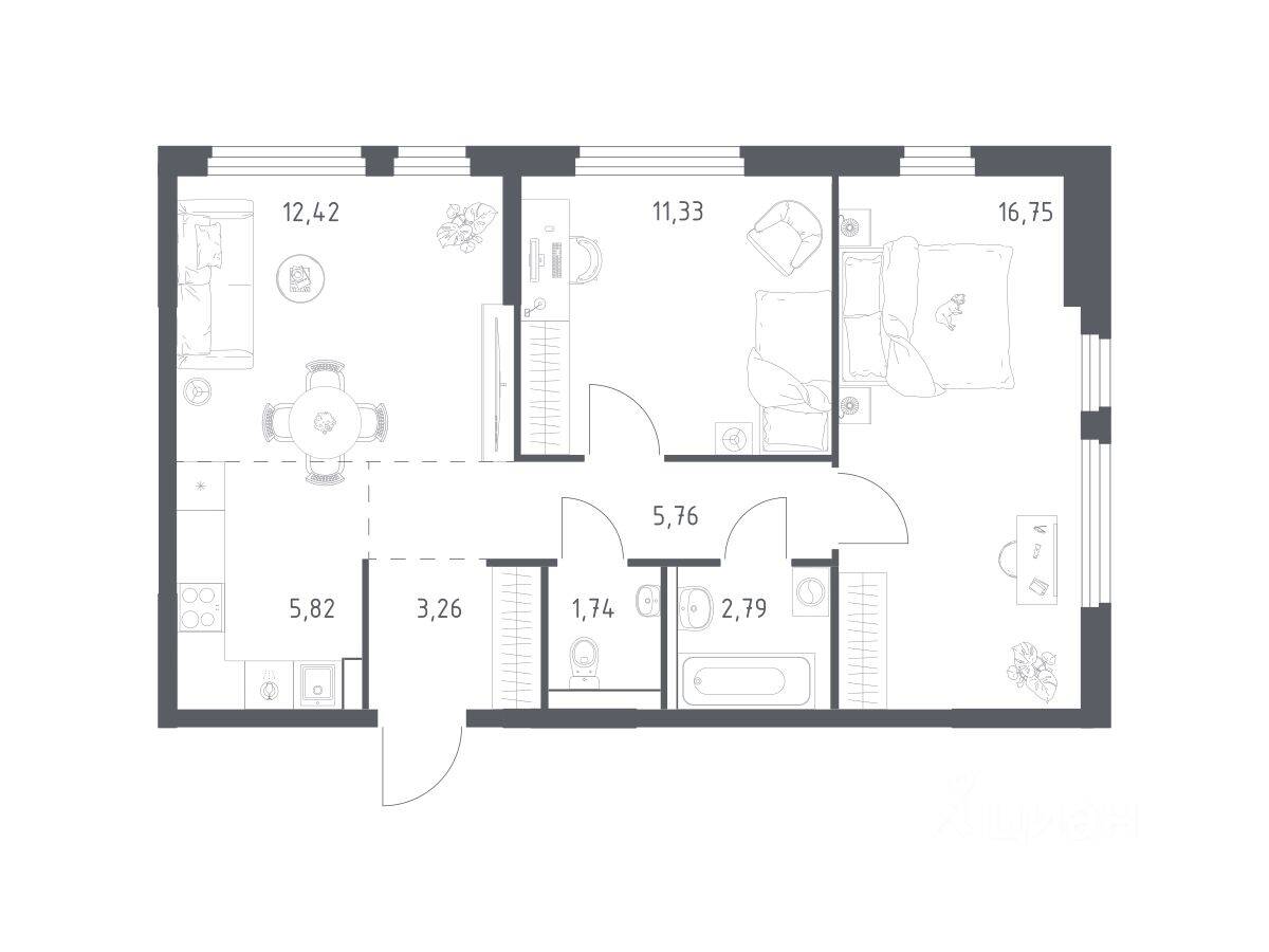 2-комн. квартира, 59,87 м², в ЖК «Пригород Лесное»