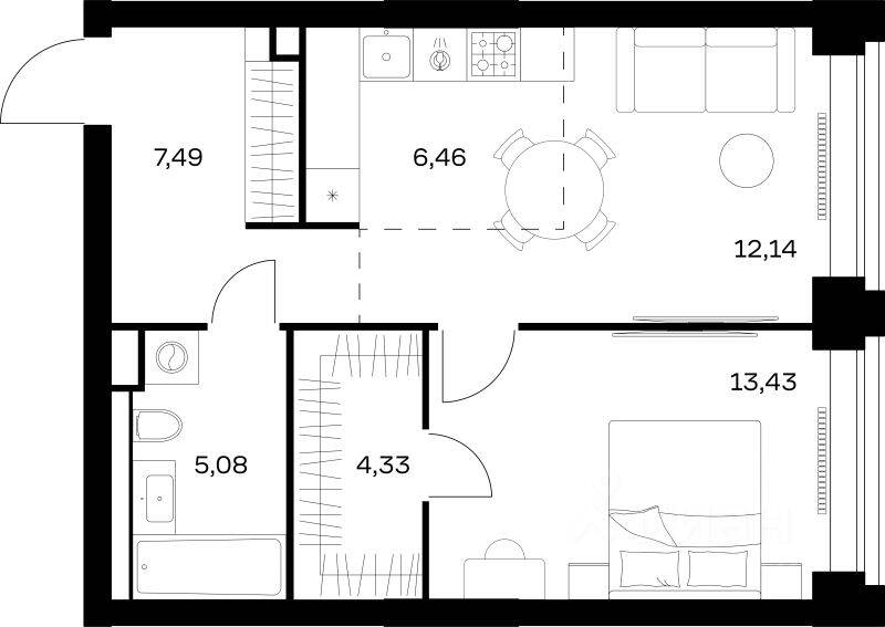 1-комн. квартира, 48,93 м², в ЖК Nova