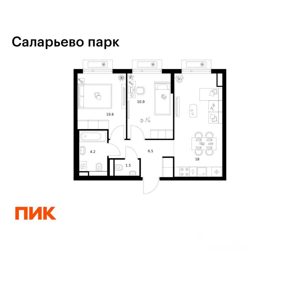 2-комн. квартира, 51,7 м², в ЖК «Саларьево парк»