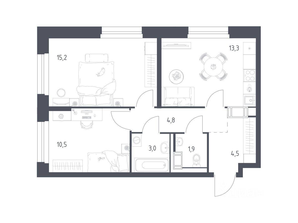 2-комн. квартира, 52,2 м², в ЖК Мытищи Парк