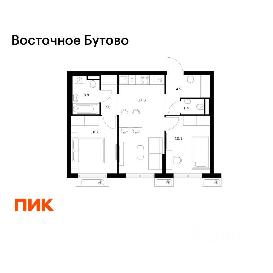 2-комн. квартира, 51,4 м², в ЖК «Восточное Бутово»