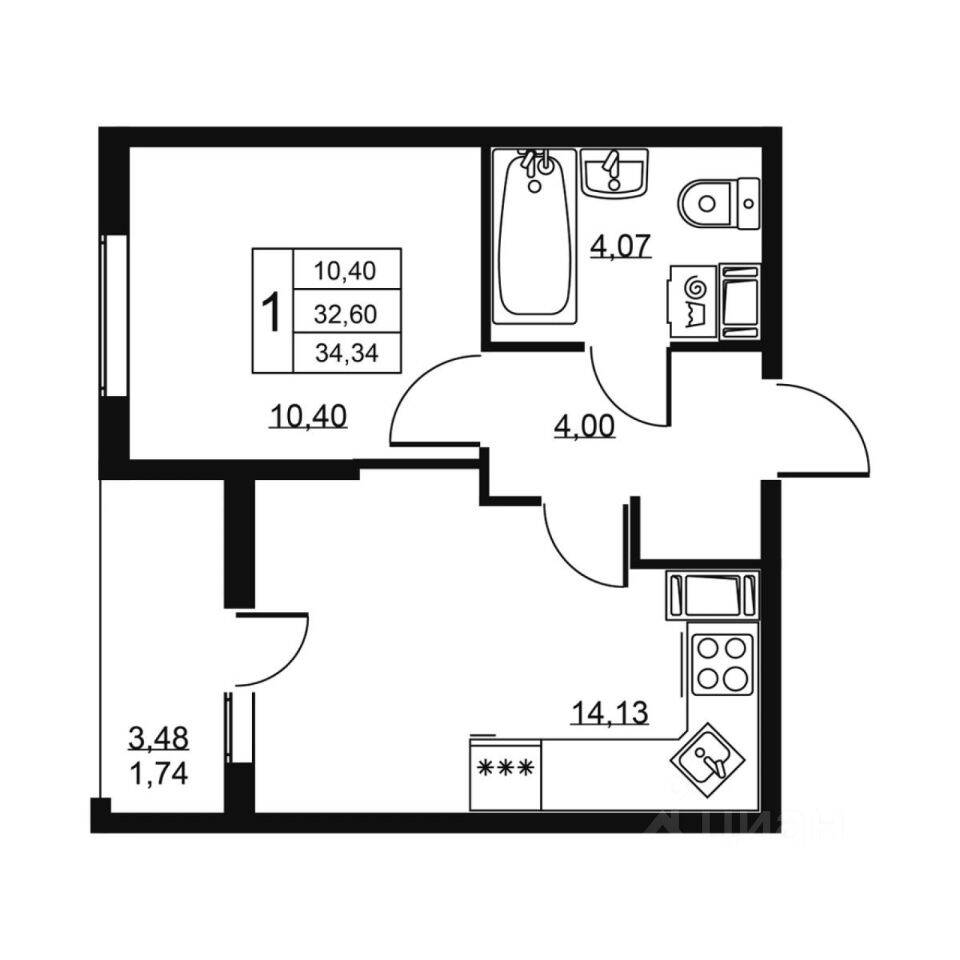 1-комн. квартира, 34,34 м², в ЖК «Высота» (Бугры)