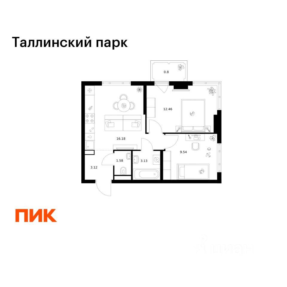 2-комн. квартира, 46,81 м², в ЖК Таллинский парк