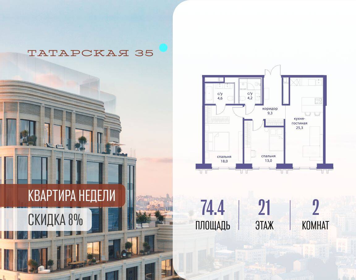 2-комн. квартира, 74,4 м², в ЖК Татарская 35