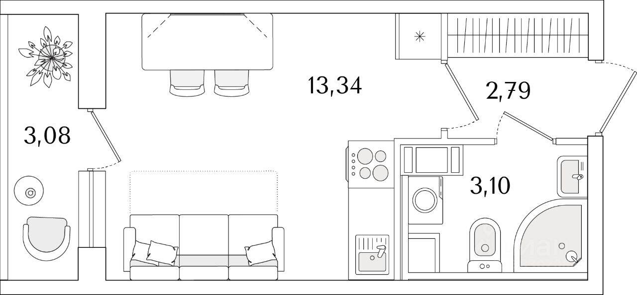 Планировка 1 комнатной квартиры, 20.77 м², в «Кинопарк»