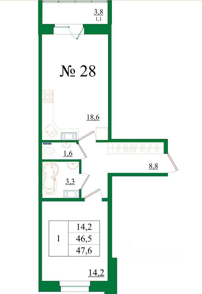 1-комн. квартира, 47,6 м², в ЖК Орловский бульвар