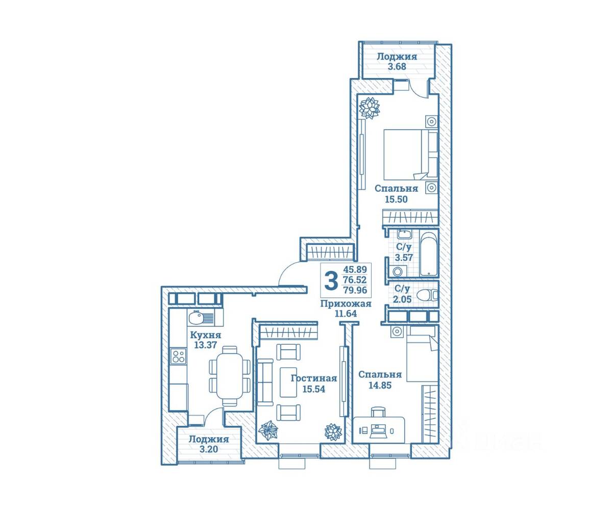 3-комн. квартира, 79,96 м², в ЖК Новоград Монино