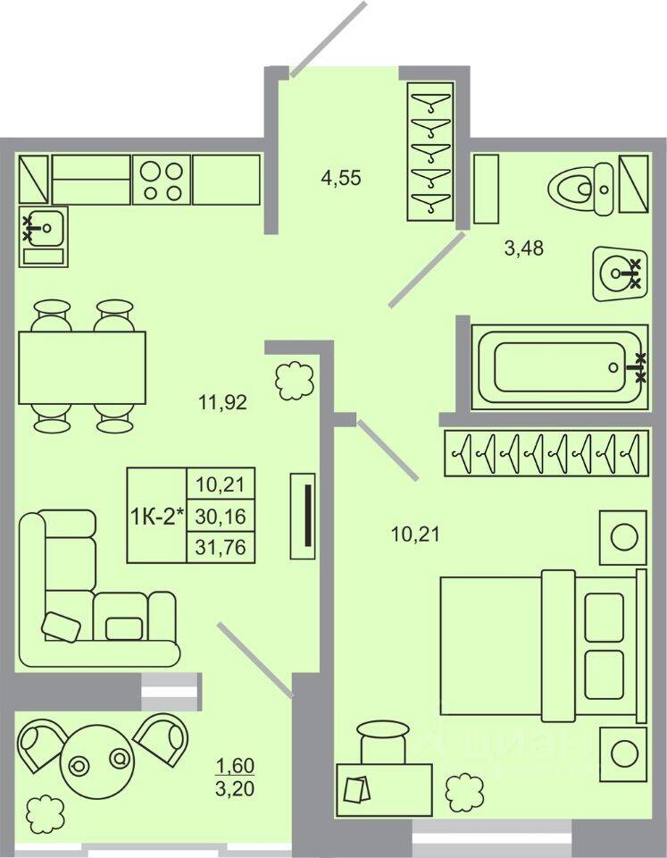 1-комн. квартира, 31,76 м², в ЖК Стороны света-2