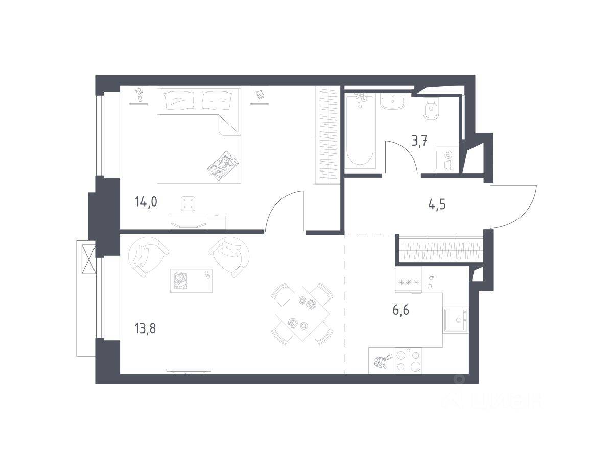 1-комн. квартира, 42,48 м², в Апарт-комплекс Верейская 41