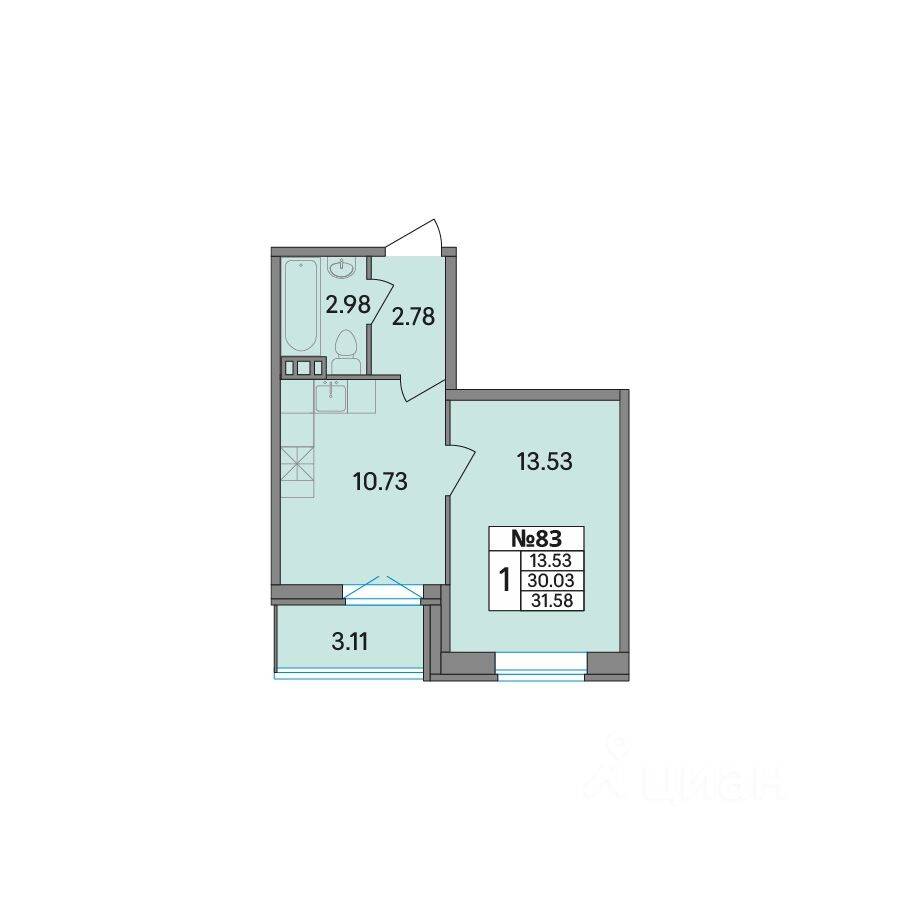 1-комн. квартира, 31,58 м², в ЖК Рождественский квартал