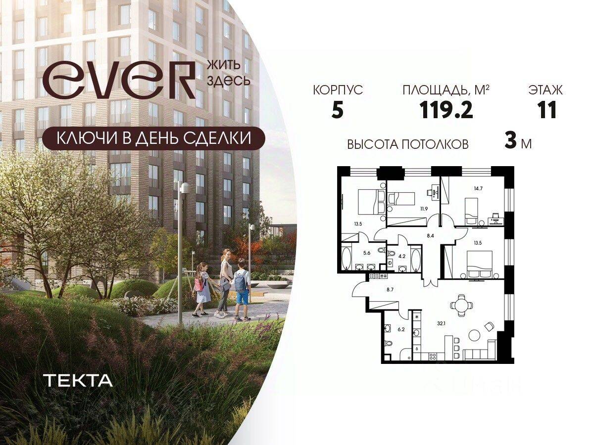 5-комн. квартира, 119,2 м², в ЖК EVER