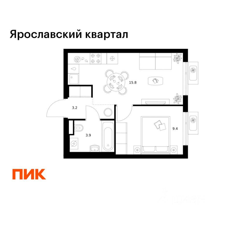 1-комн. квартира, 32,3 м², в ЖК Ярославский квартал