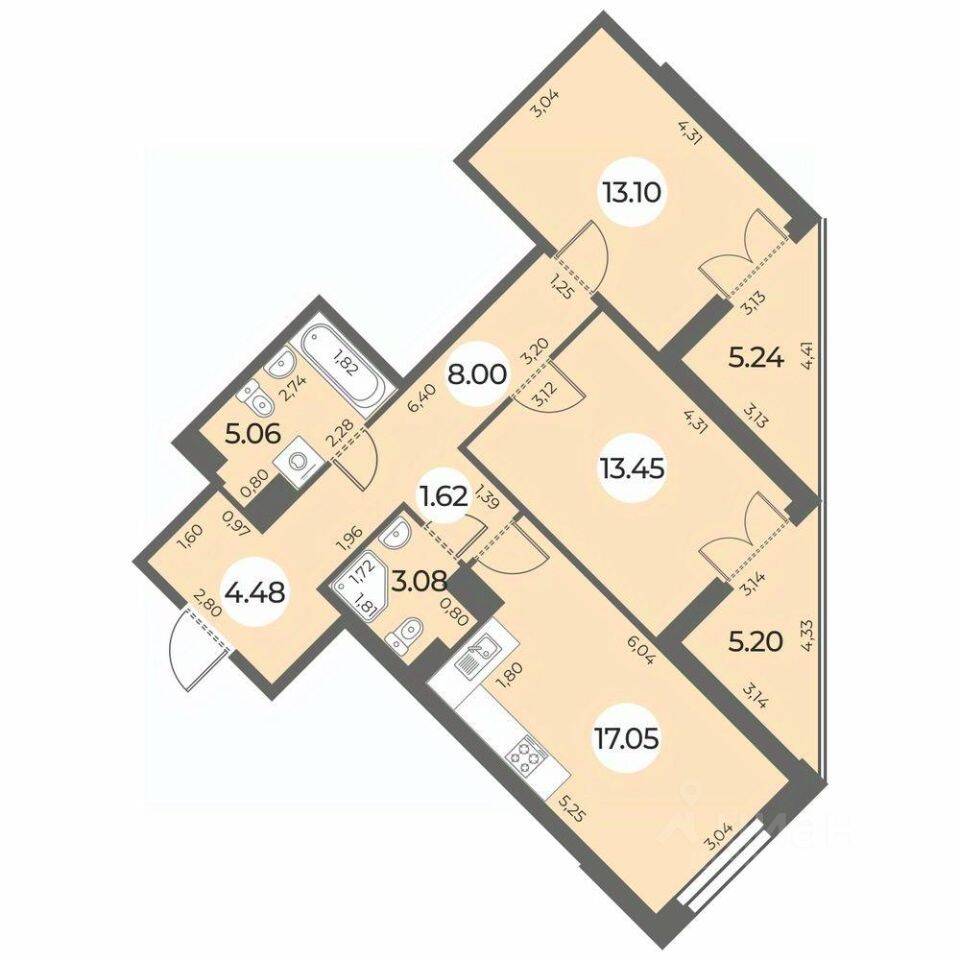 2-комн. квартира, 71,06 м², в ЖК «Огни Залива»