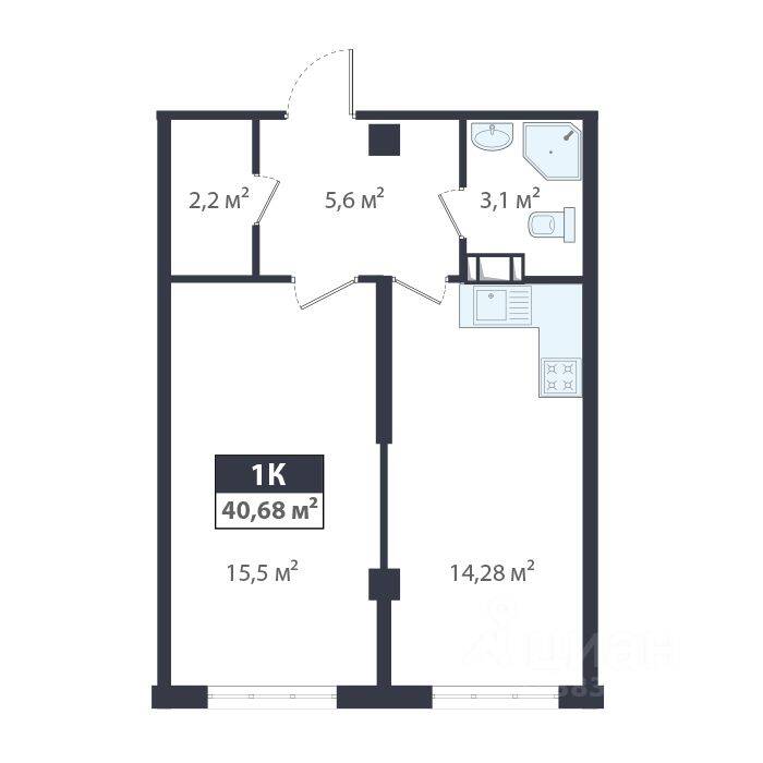 Планировка 1 комнатной квартиры, 40.7 м², в «Ромашки»