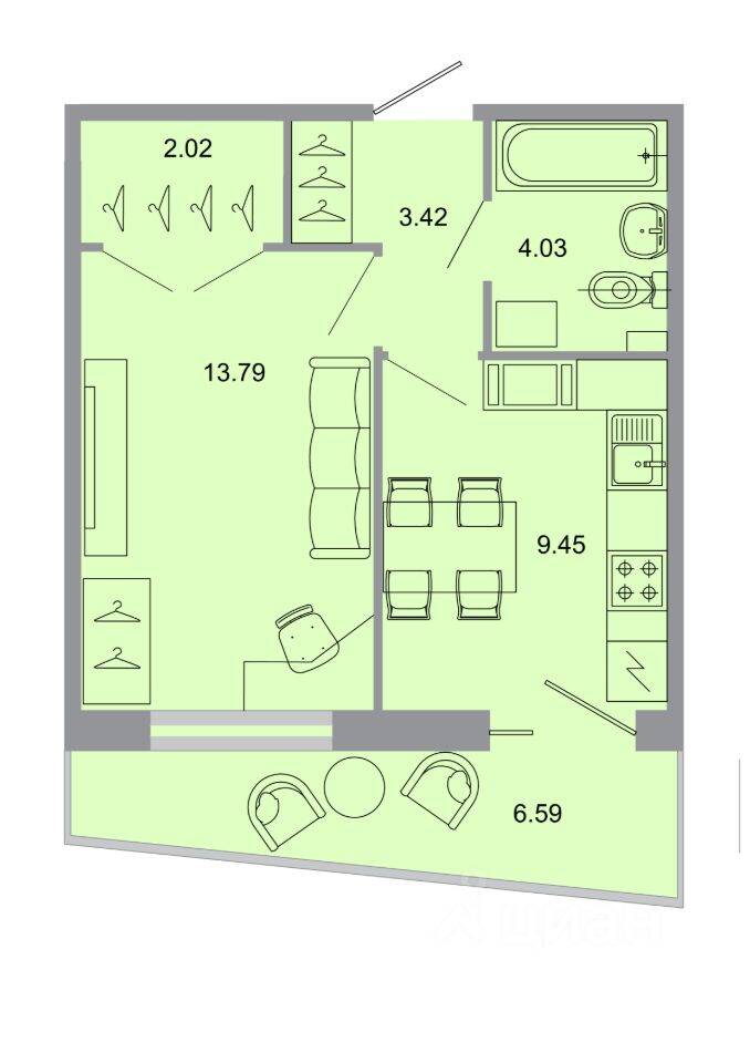 1-комн. квартира, 33,7 м², в ЖК Стороны света
