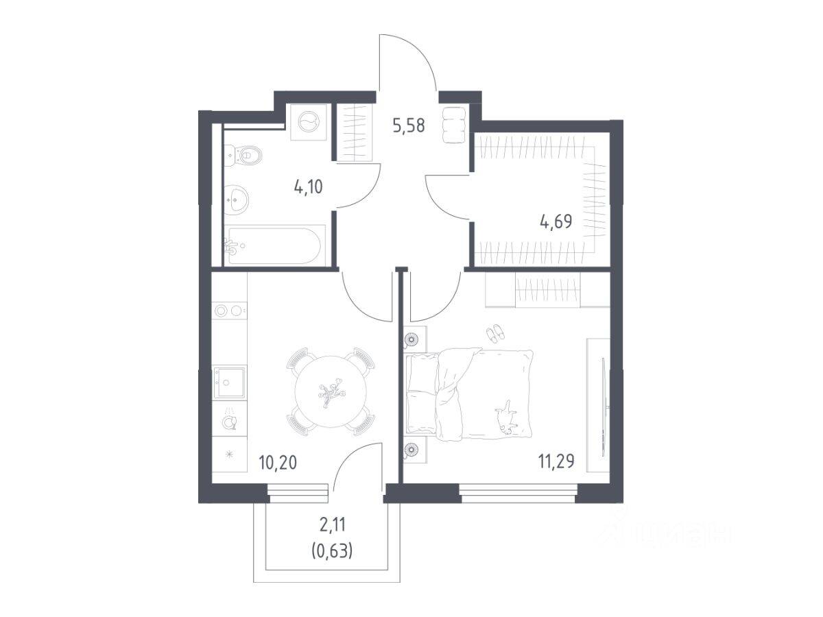 1-комн. квартира, 36,49 м², в ЖК «Пригород Лесное»