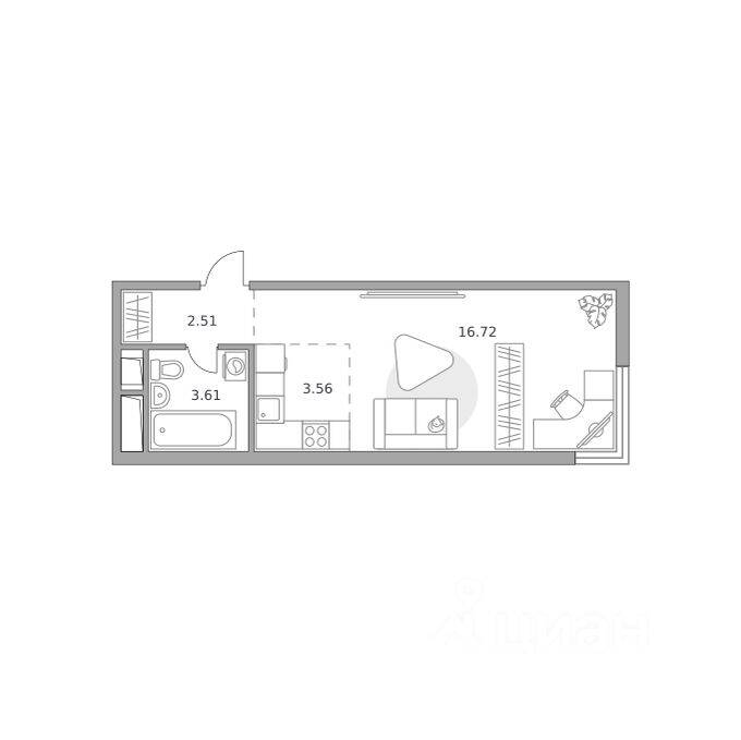 Планировка 1 комнатной квартиры, 26.4 м², в «Аникеевский»