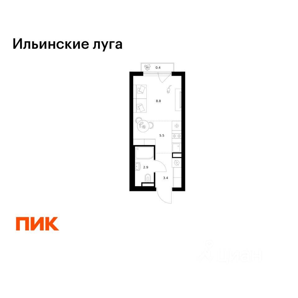Планировка 1 комнатной квартиры, 21 м², в «Ильинские луга»