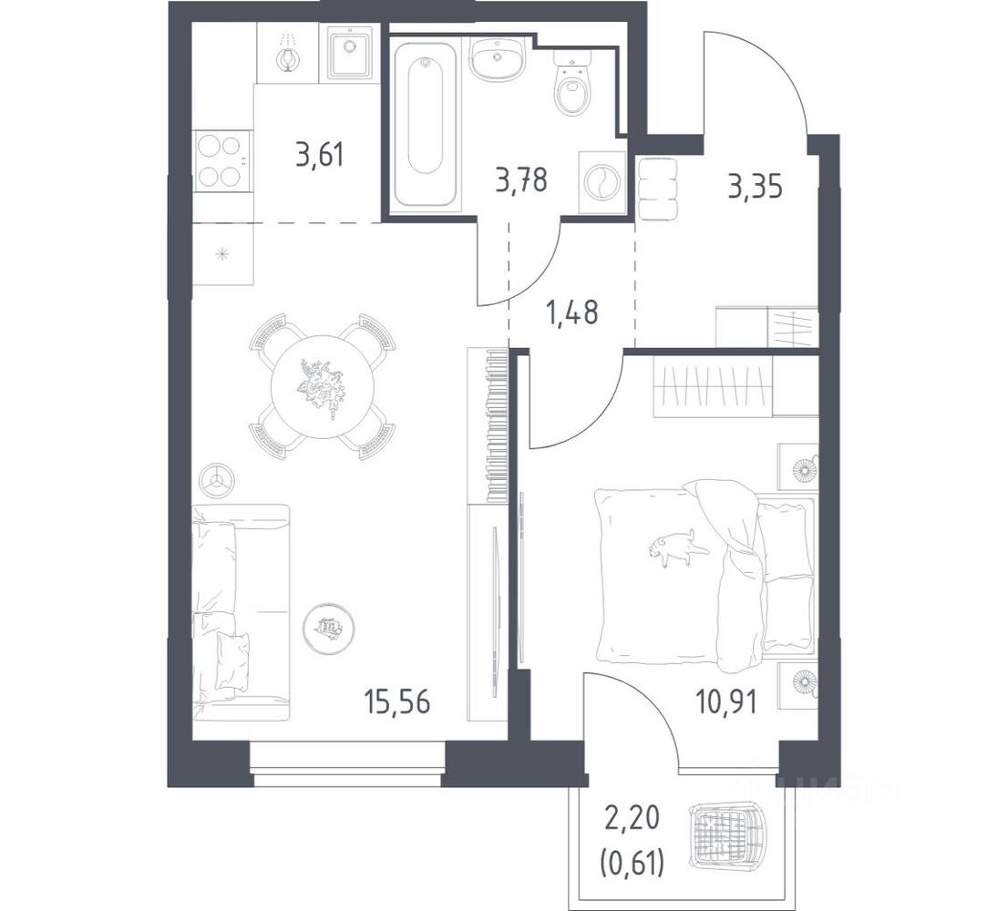 1-комн. квартира, 39,3 м², в ЖК Богдановский Лес