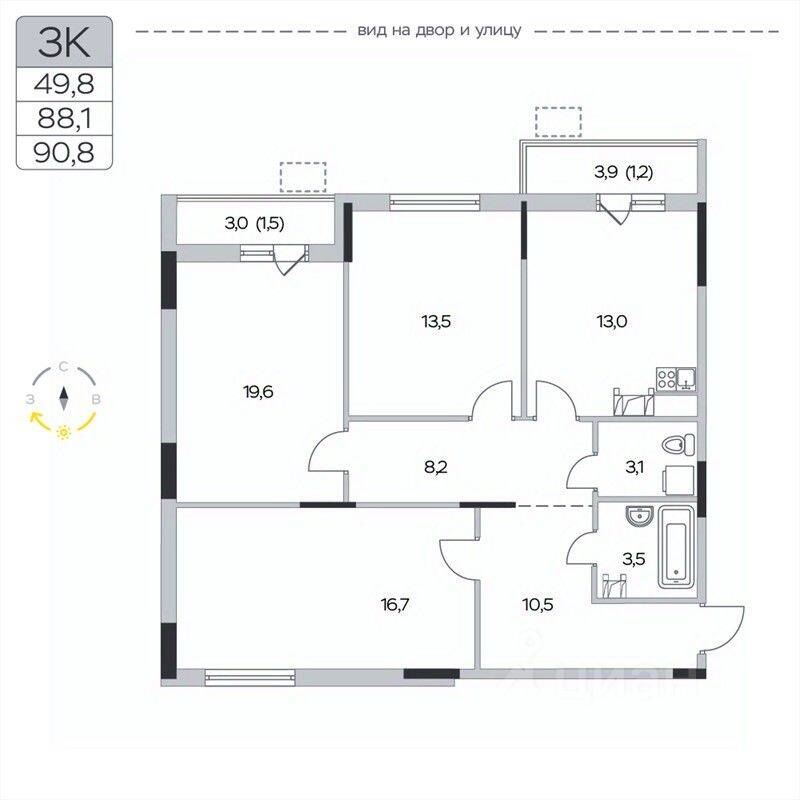3-комн. квартира, 90,8 м², в ЖК «Пироговская Ривьера»