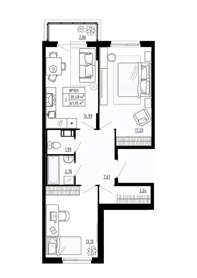 2-комн. квартира, 61,95 м², в Малоэтажный ЖК Аннино Сити