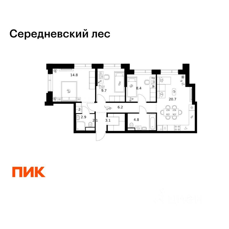 3-комн. квартира, 74,7 м², в ЖК Середневский лес