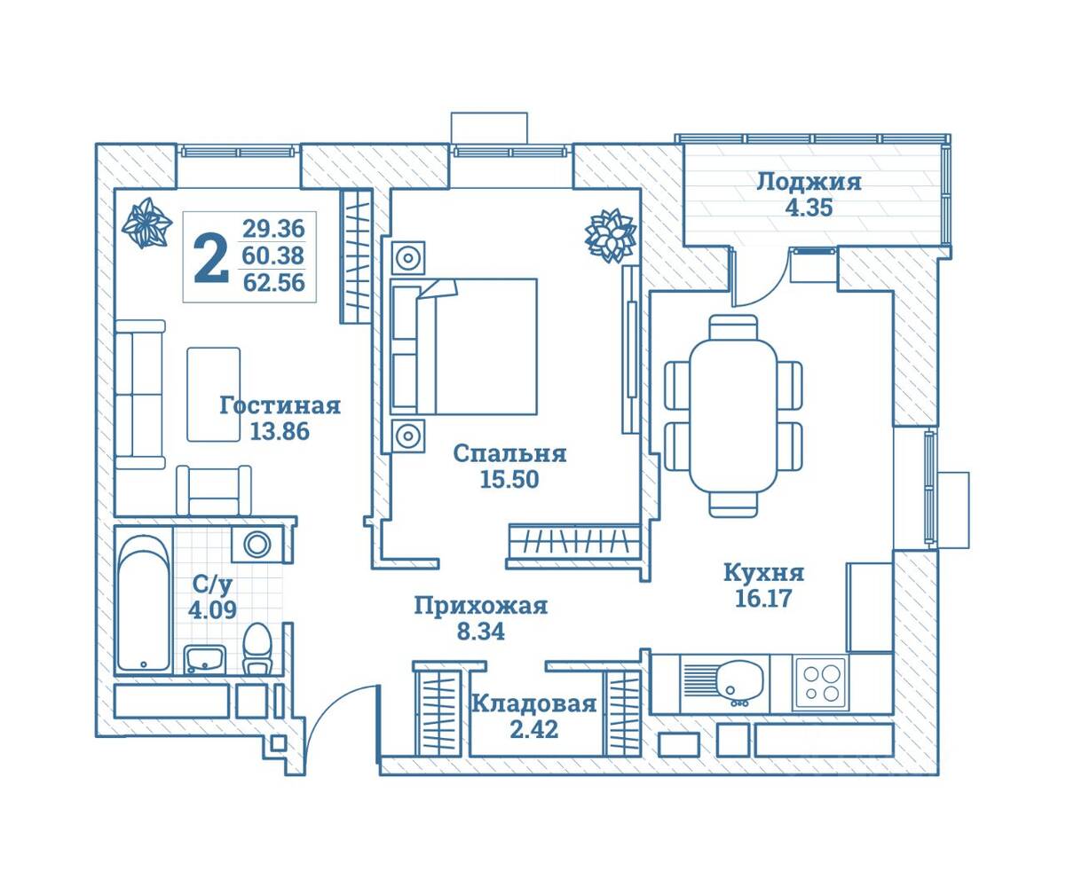 2-комн. квартира, 62,56 м², в ЖК Новоград Монино