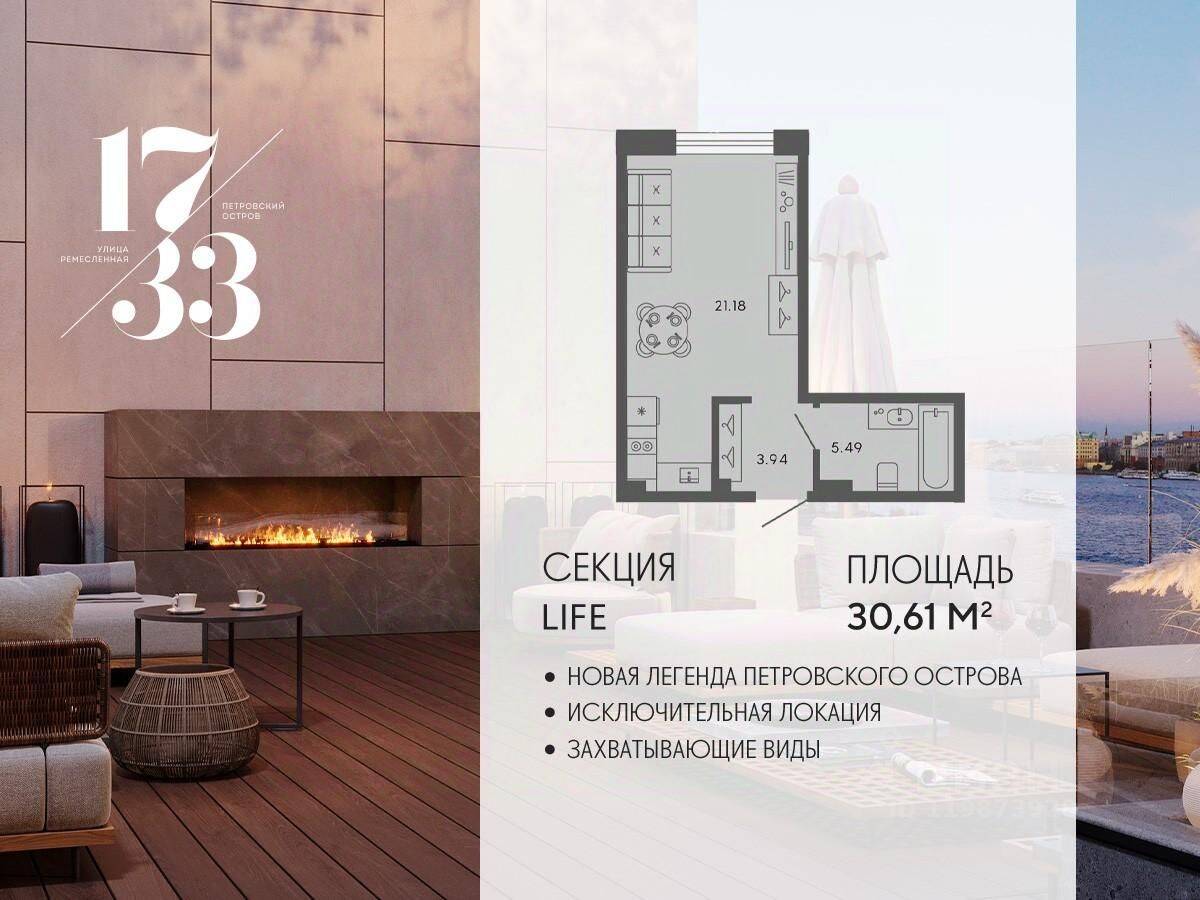 Квартира-студия, 30,61 м², в Апарт-комплекс 17/33 Петровский остров