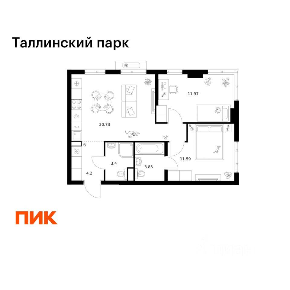 2-комн. квартира, 55,74 м², в ЖК Таллинский парк